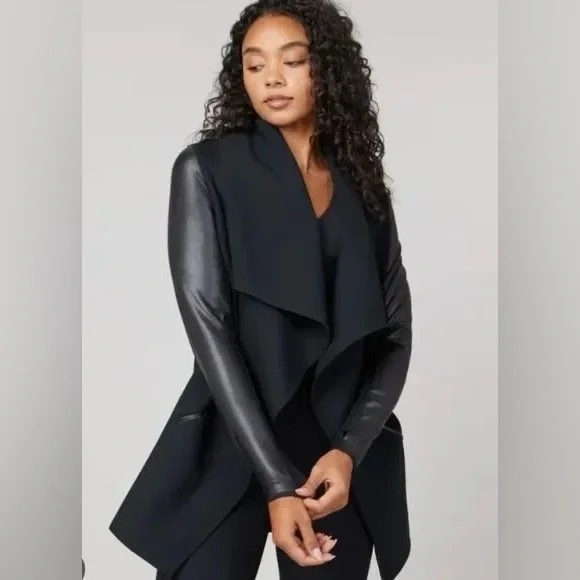 SPANX Front Drape Ponte Faux Leather Womens Jacket XS Black Stretch Draped - Picture 1 of 15